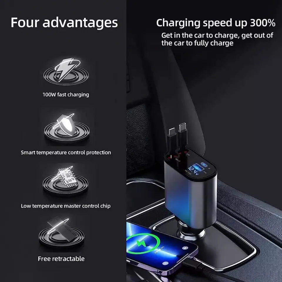 Retractable Car Charger 4 in 1, Fast Car Phone Charger with Cord 2.6ft, USB C and Apple Car Charger Adapter, Compatible with iPhone 16 15/15 Pro Max/14/13/12/11, Galaxy, Pixel