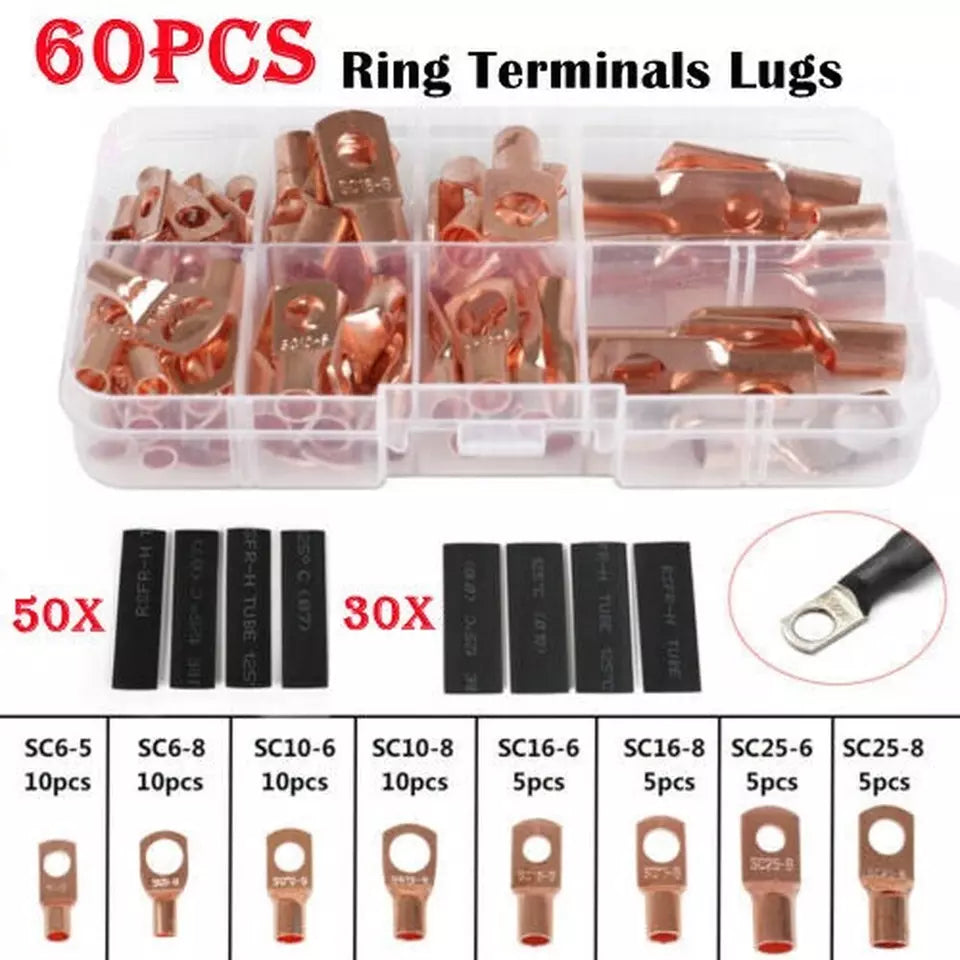 140PCS Copper Wire Lugs & Heat Shrink Tubing Kit — Battery Cable Ends, Terminal Connectors Assortment, UL Approved, Corrosion-Resistant, High Conductivity