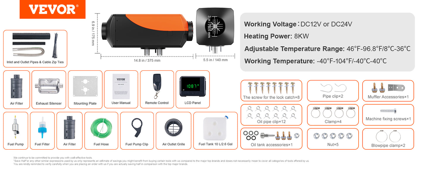 5KW 12V Diesel Air Heater with LCD & Remote – 15L Tank for Car, RV, Truck, Boat, Trailer