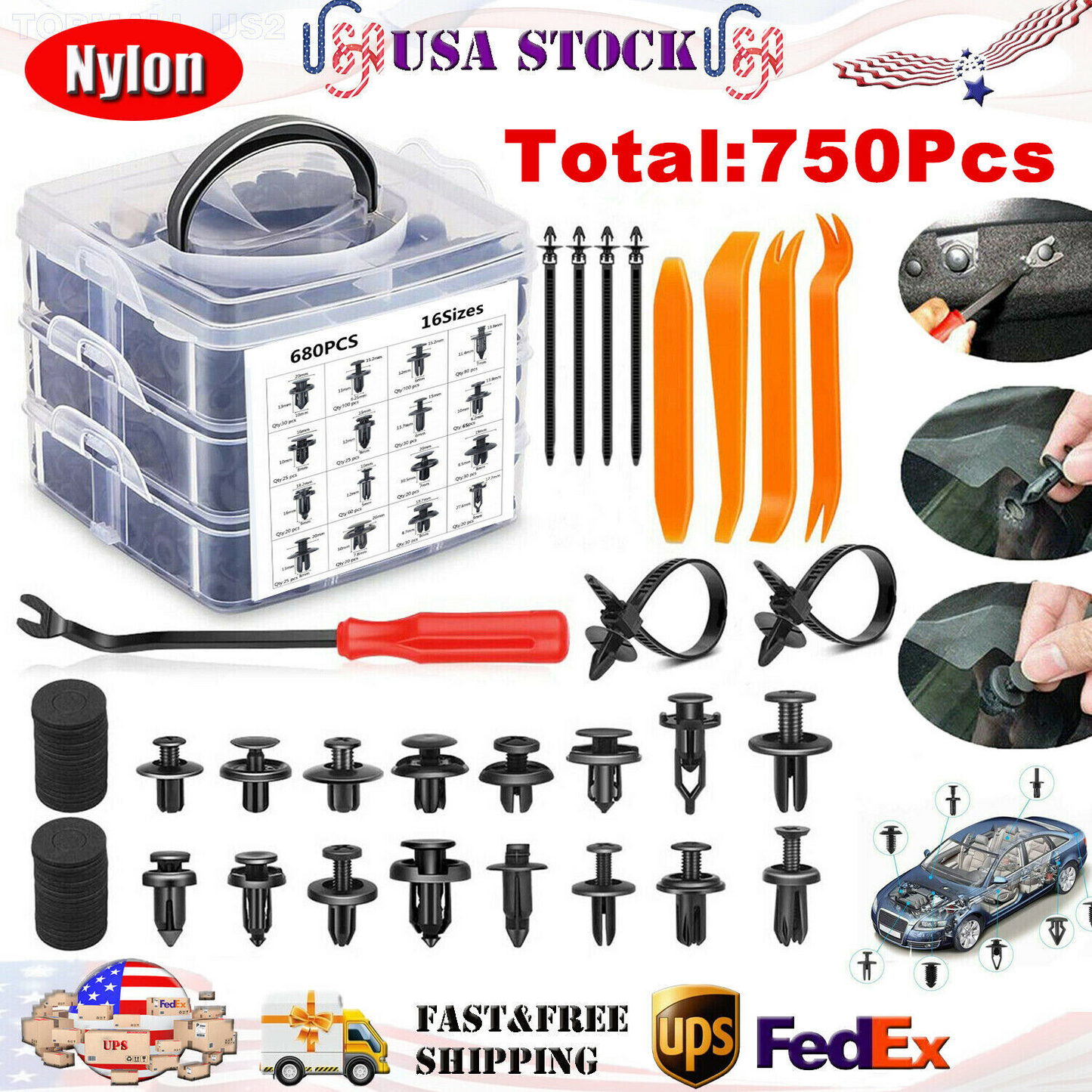 750 Pcs Car Retainer Nylon Auto Fasteners Push Trim Clips Pin Rivet Bumper Kit