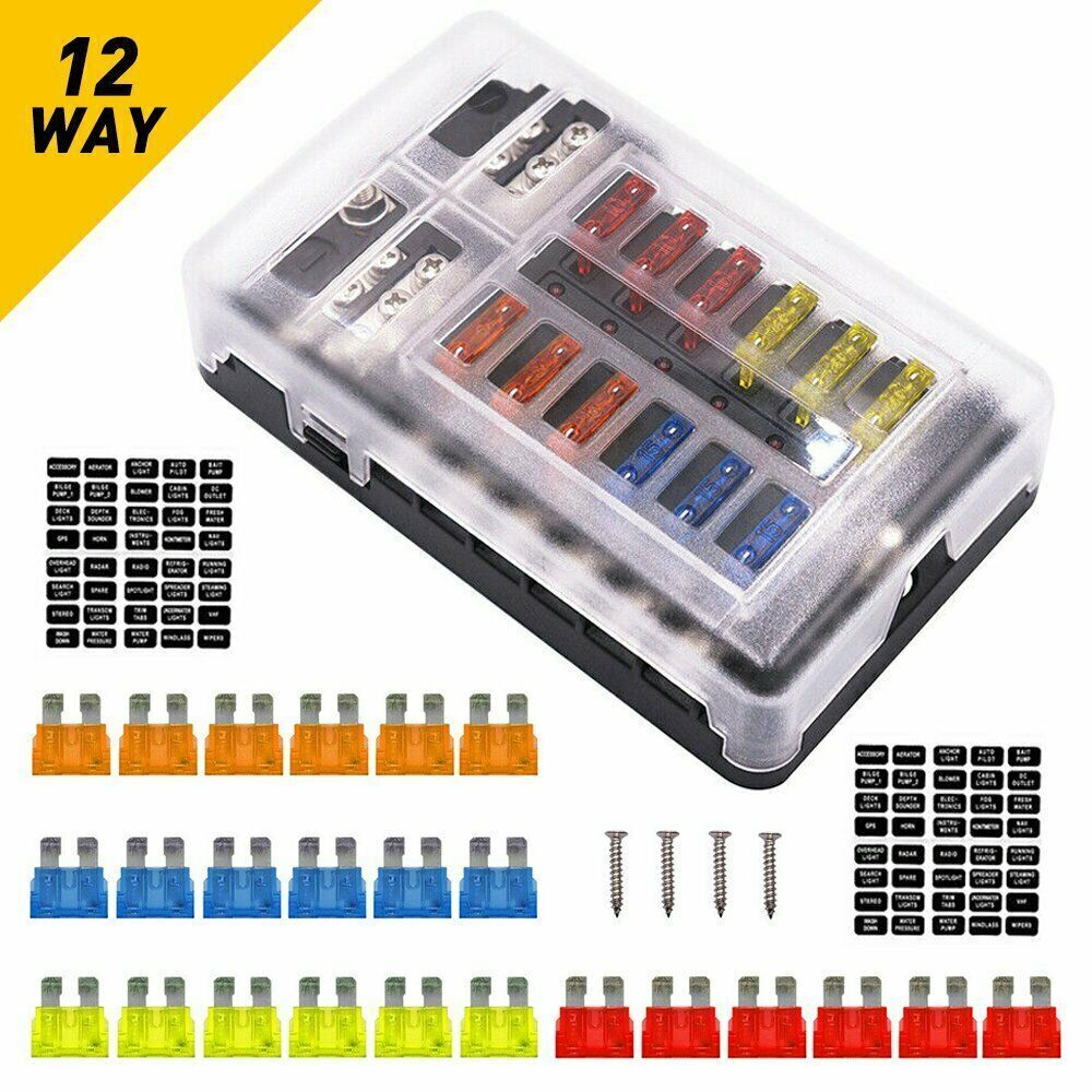 12-Way Blade Fuse Box Block Holder LED Indicator 12V 32V Car Marine Waterproof