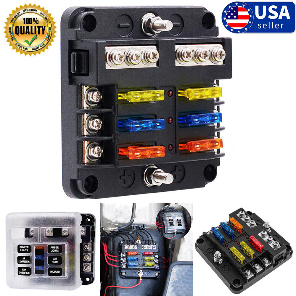 6-Circuit ATC/ATO Blade Fuse Block with Ground & LED Indicator – 100A Max for Automotive, Marine, RV, and DC Power Systems