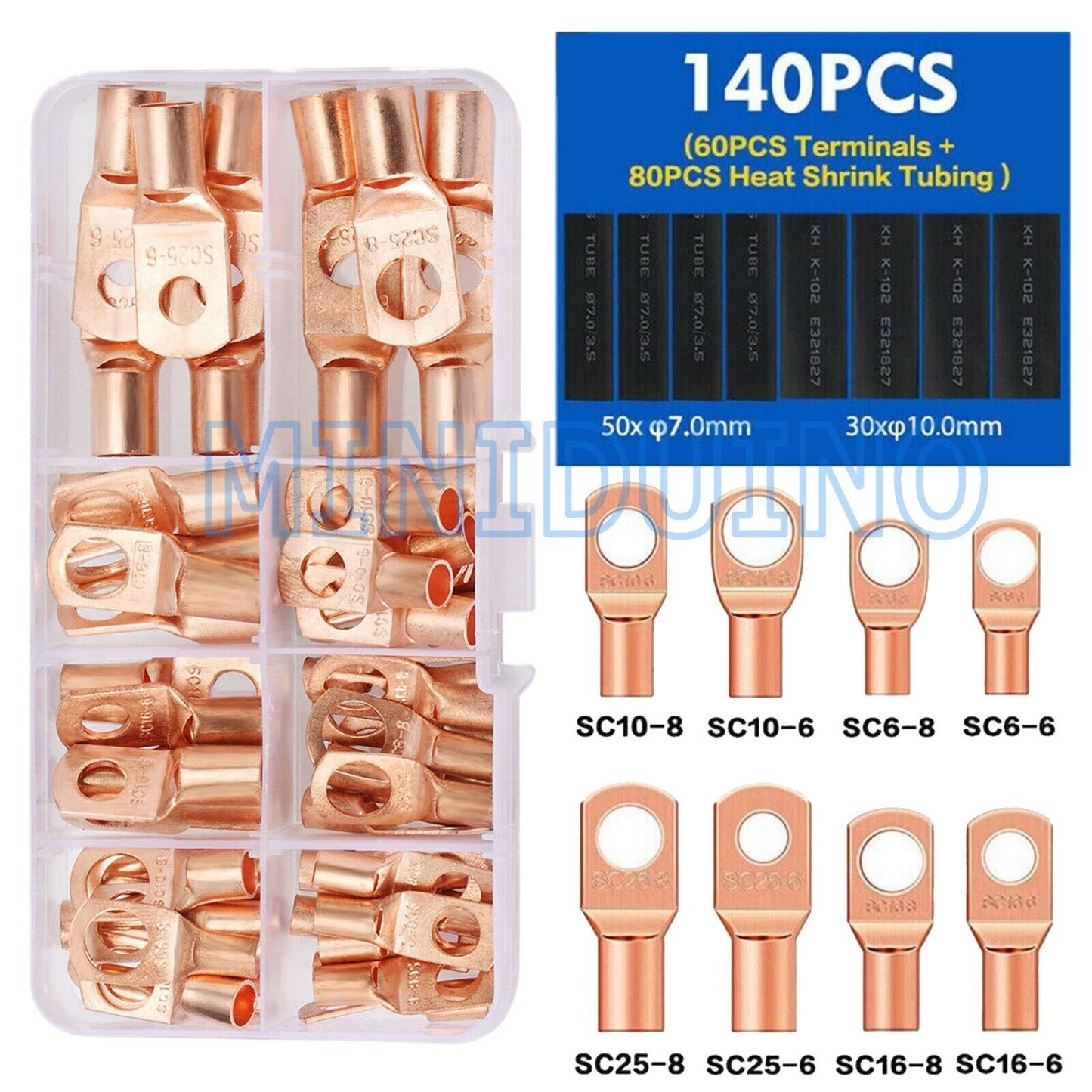 140pcs Copper Wire Lugs Battery Cable Ends Terminal Connectors Kit