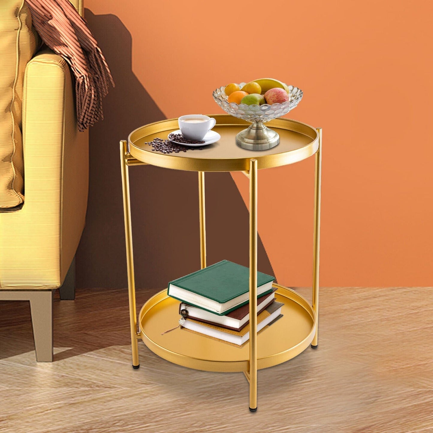 2-Tier Metal End Table Round Side Table With Removable Tray Folding Accent Table