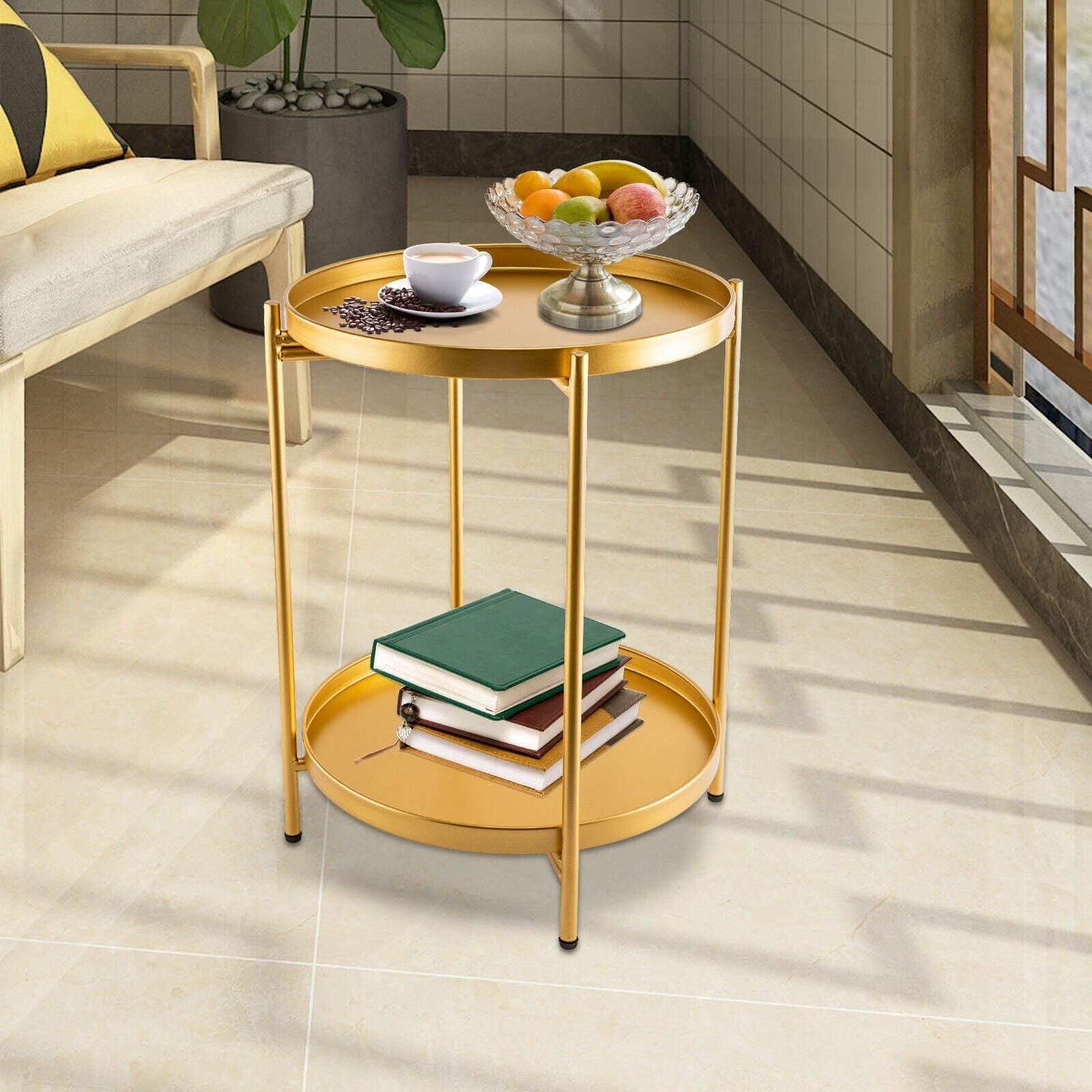 2-Tier Metal End Table Round Side Table With Removable Tray Folding Accent Table