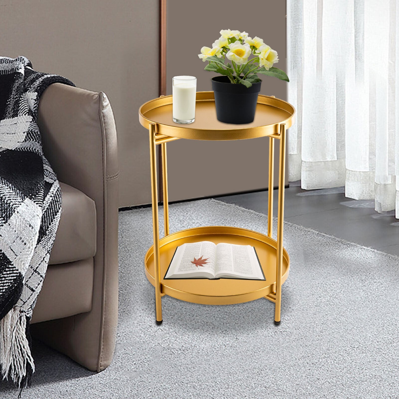 2-Tier Metal End Table Round Side Table With Removable Tray Folding Accent Table