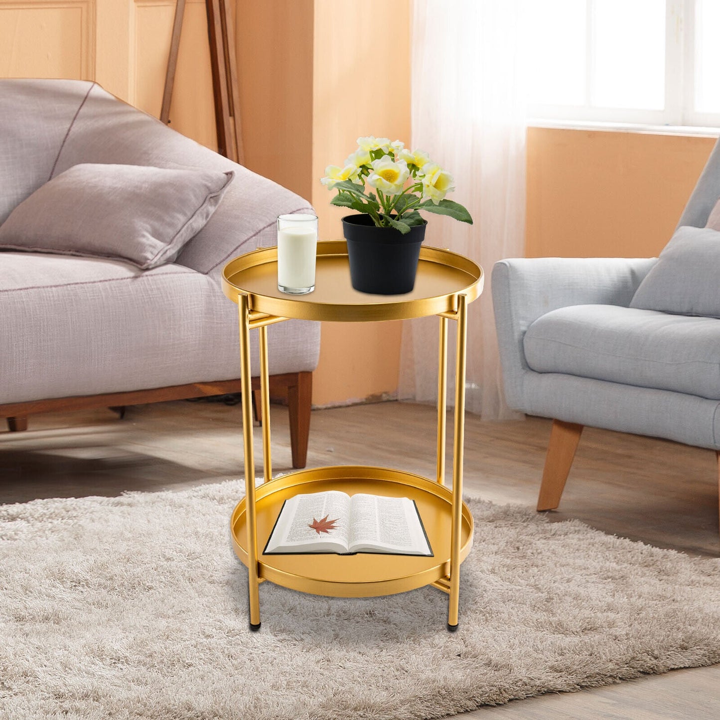 2-Tier Metal End Table Round Side Table With Removable Tray Folding Accent Table