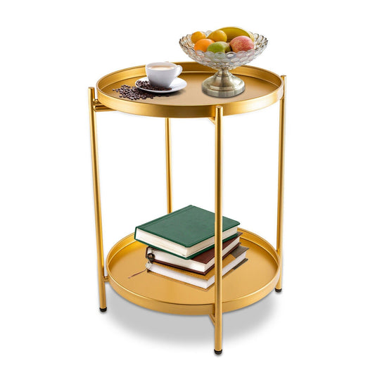 2-Tier Metal End Table Round Side Table With Removable Tray Folding Accent Table