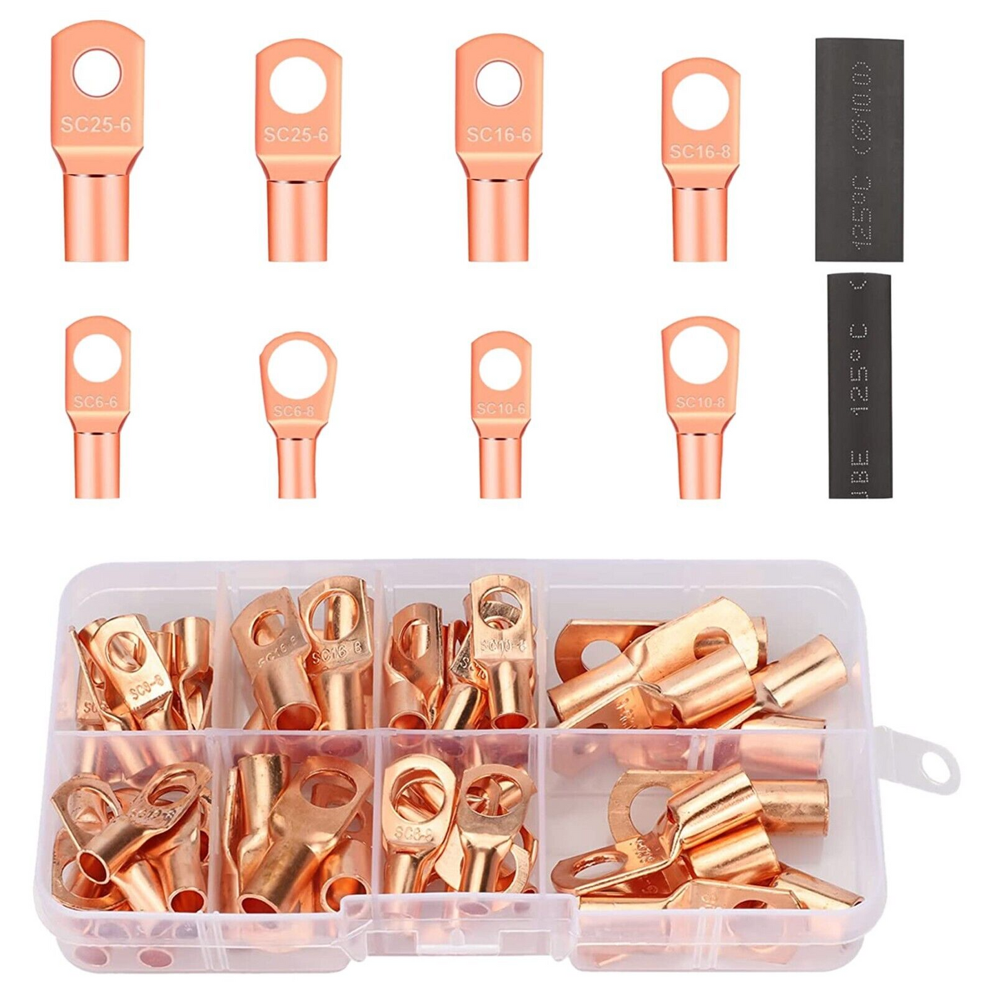 140pcs Copper Wire Lugs Battery Cable Ends Terminal Connectors Kit