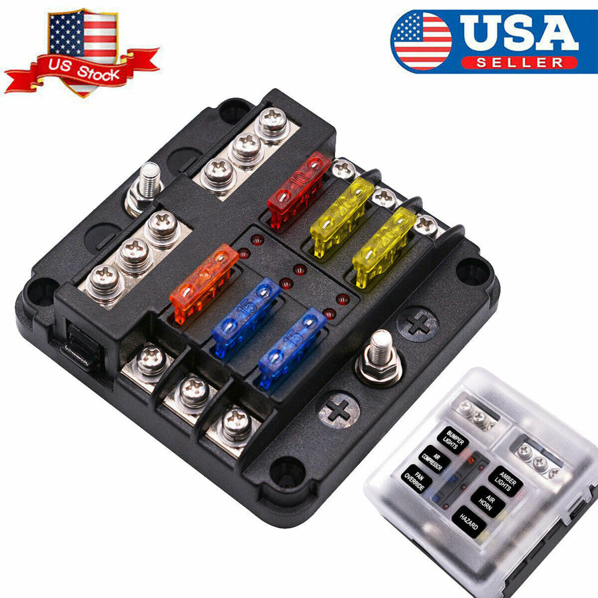 6-Circuit ATC/ATO Blade Fuse Block with Ground & LED Indicator – 100A Max for Automotive, Marine, RV, and DC Power Systems