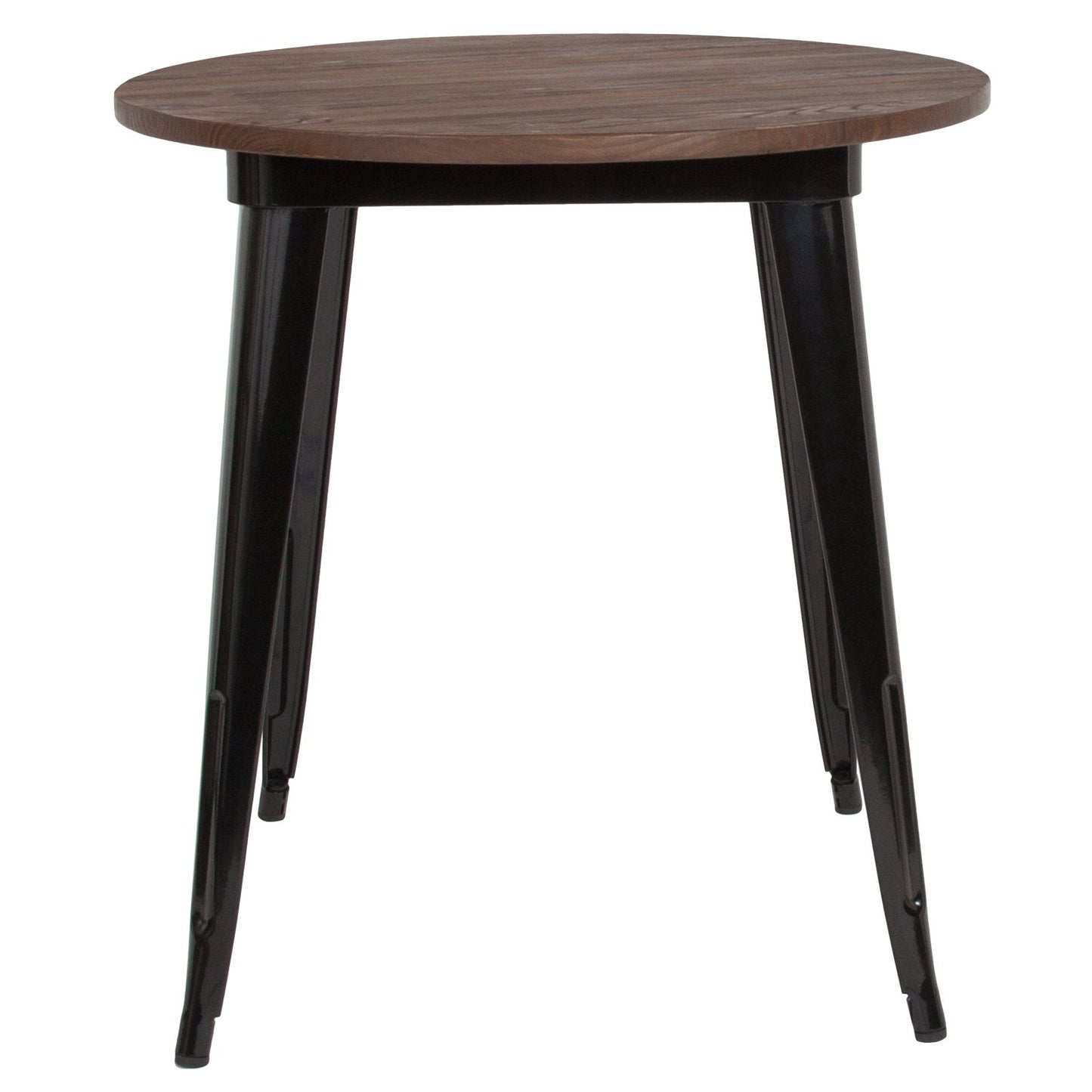 30" Round Black Metal Indoor Table with Walnut Wood Top - Restaurant Furniture