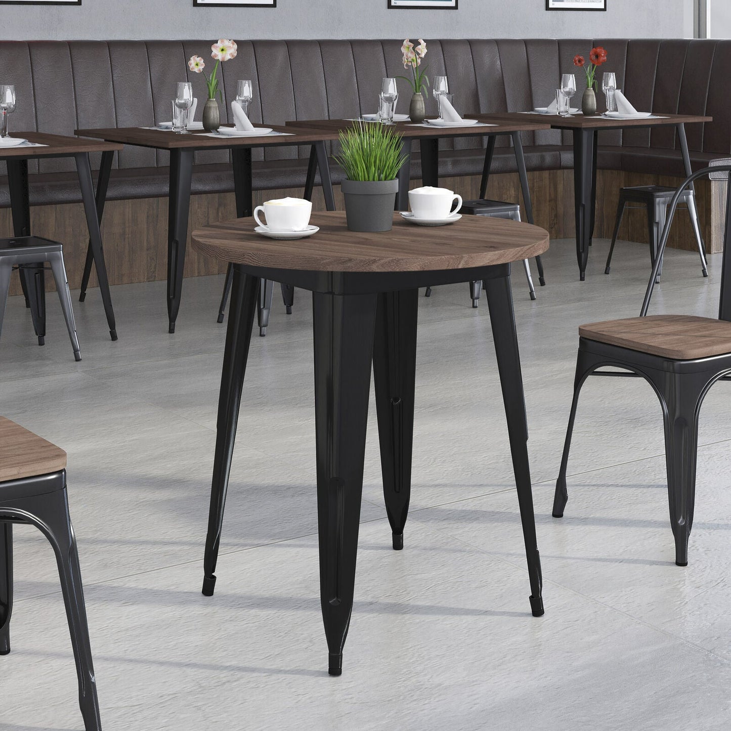 30" Round Black Metal Indoor Table with Walnut Wood Top - Restaurant Furniture