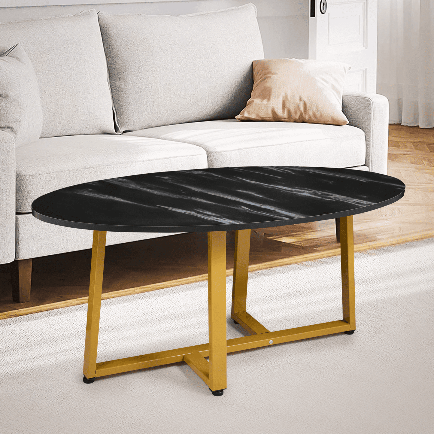 39.5" Home Coffee Tea Table Wooden Oval Marbling Tabletop Metal Crossbar Base