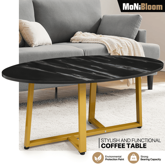 39.5" Home Coffee Tea Table Wooden Oval Marbling Tabletop Metal Crossbar Base