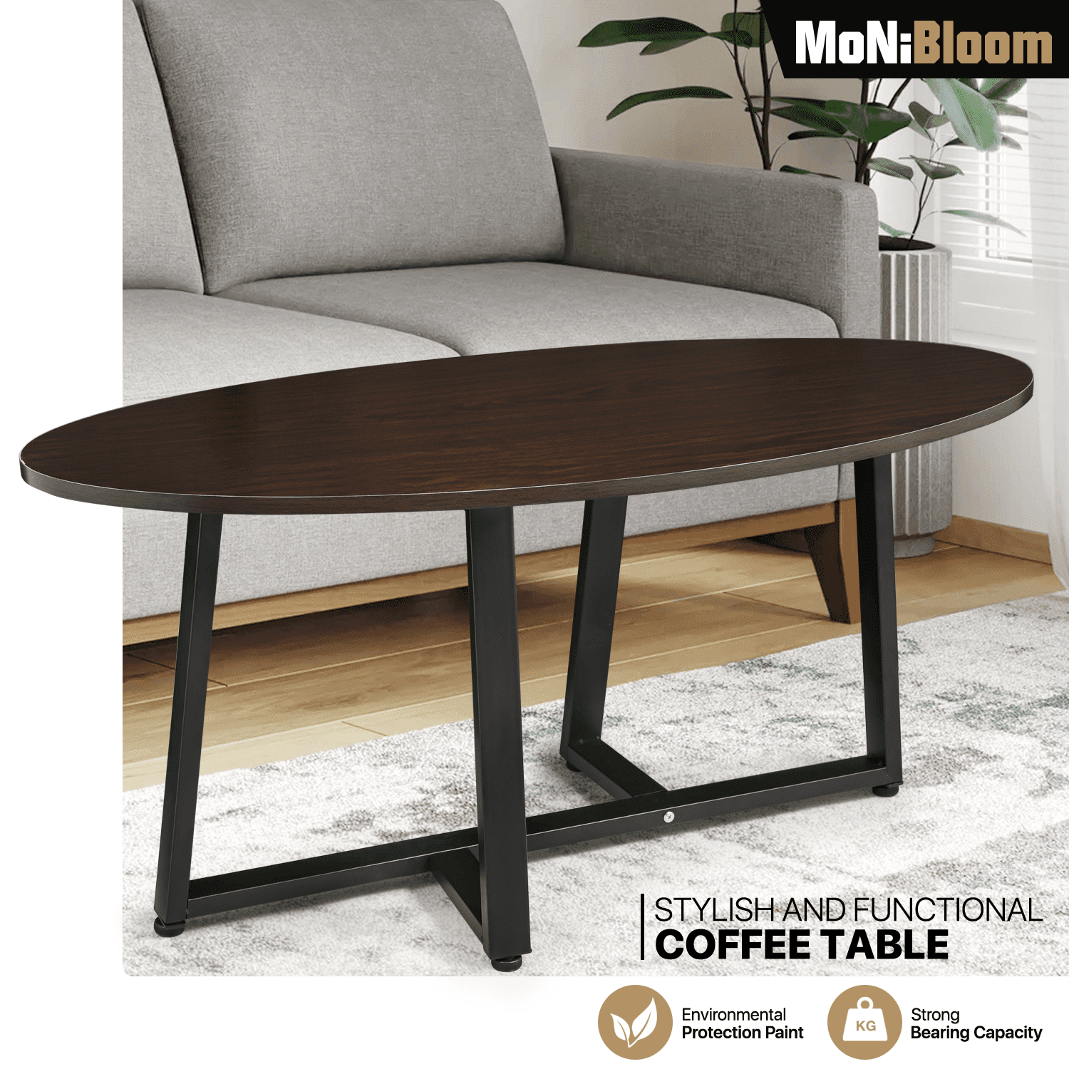 39.5" Home Coffee Tea Table Wooden Oval Marbling Tabletop Metal Crossbar Base