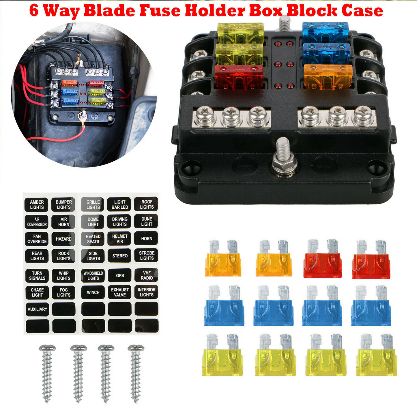 6-Circuit ATC/ATO Blade Fuse Block with Ground & LED Indicator – 100A Max for Automotive, Marine, RV, and DC Power Systems