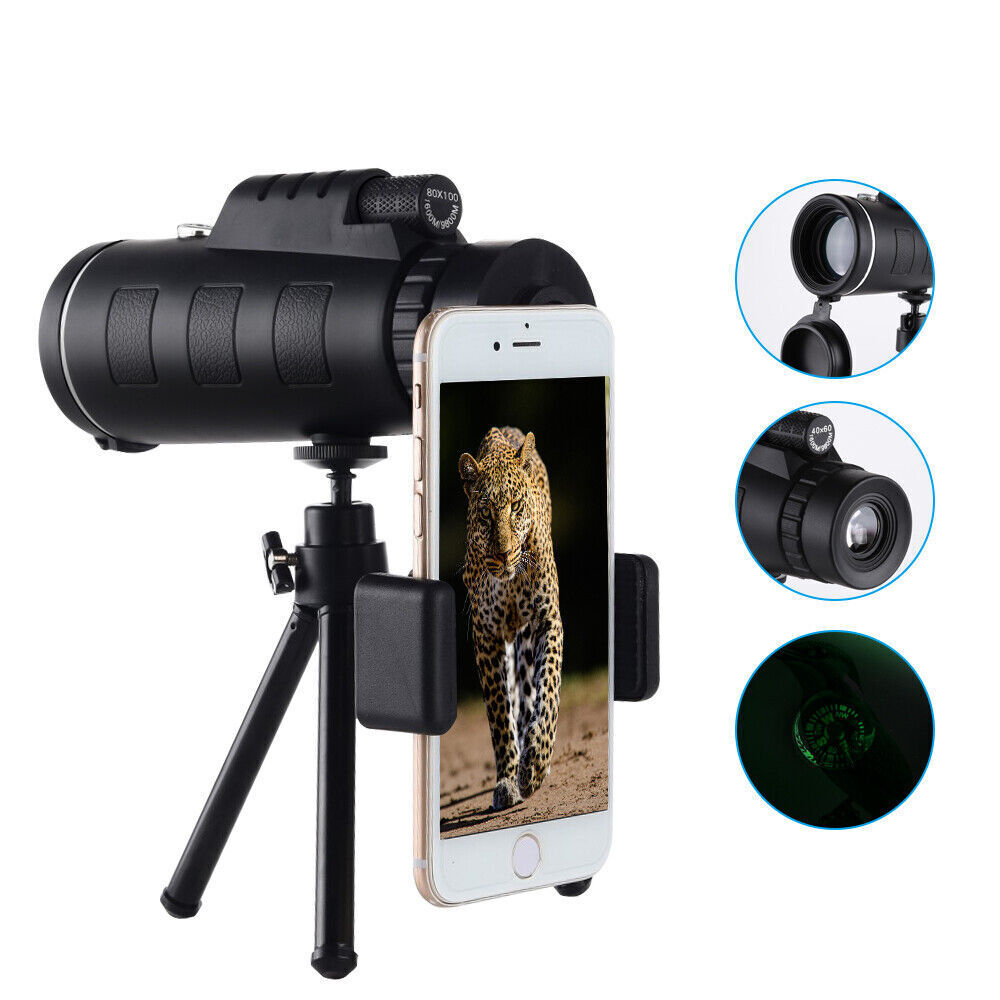 80x100 HD Monocular Telescope – Night Vision Zoom Scope with Phone Adapter & Tripod