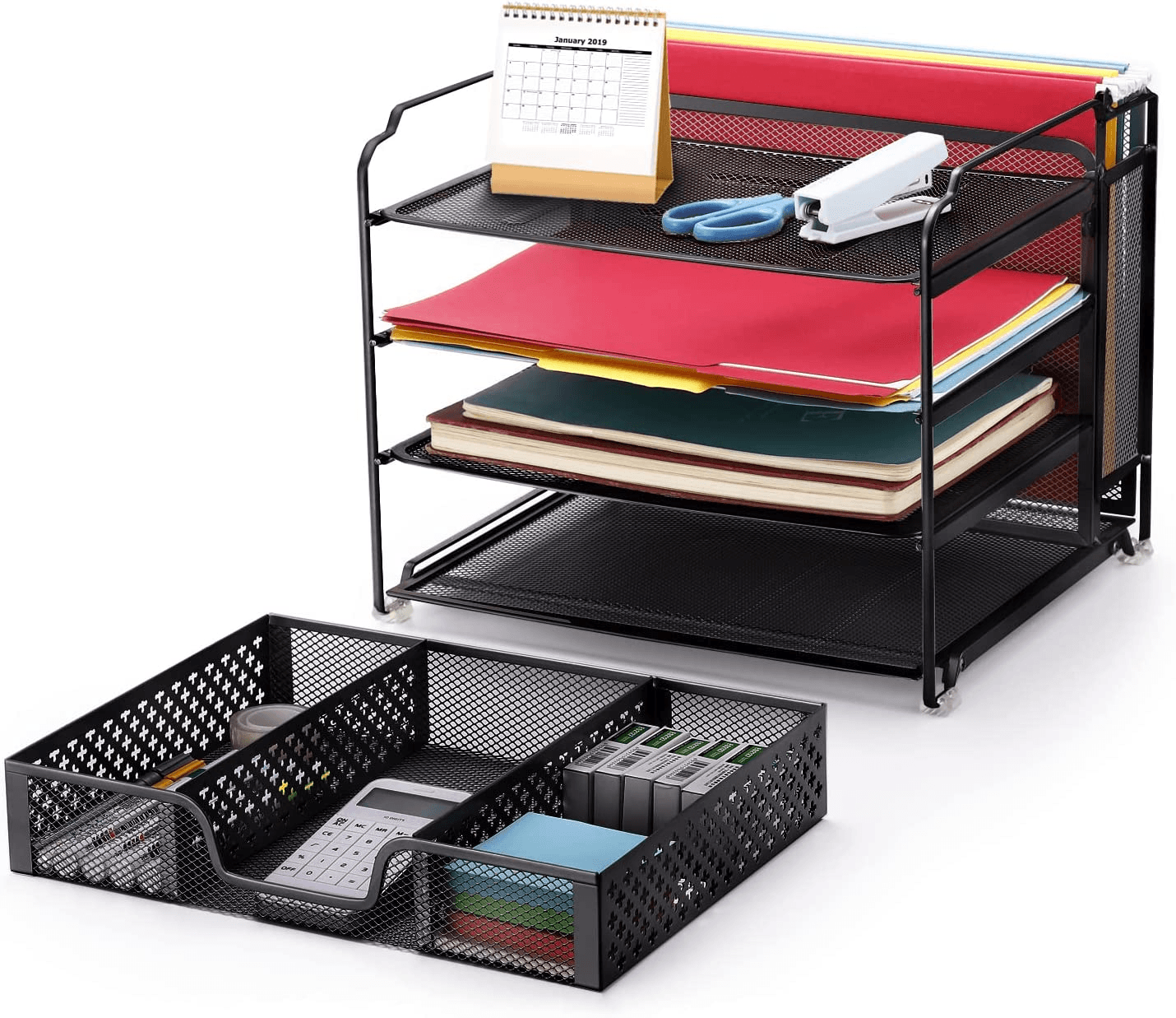 4-Trays Mesh Office Supplies Desk Organizer, Desktop Hanging File Holder with Dr