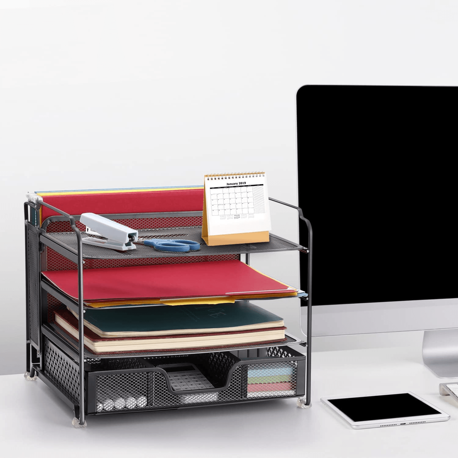 4-Trays Mesh Office Supplies Desk Organizer, Desktop Hanging File Holder with Dr