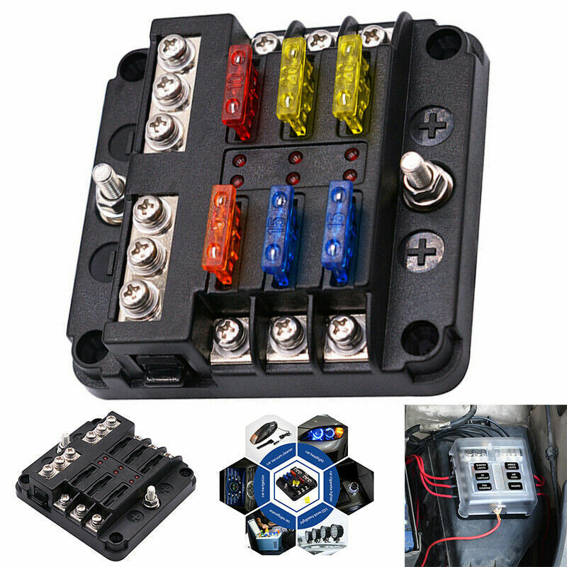 6-Circuit ATC/ATO Blade Fuse Block with Ground & LED Indicator – 100A Max for Automotive, Marine, RV, and DC Power Systems