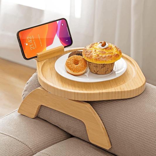 Bamboo Sofa Tray Table Clip on Side Table Couch Arm with 360° Rotating Phone Hol