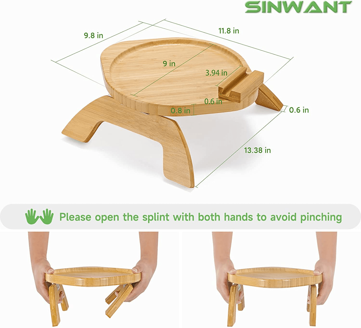 Bamboo Sofa Tray Table Clip on Side Table Couch Arm with 360° Rotating Phone Hol