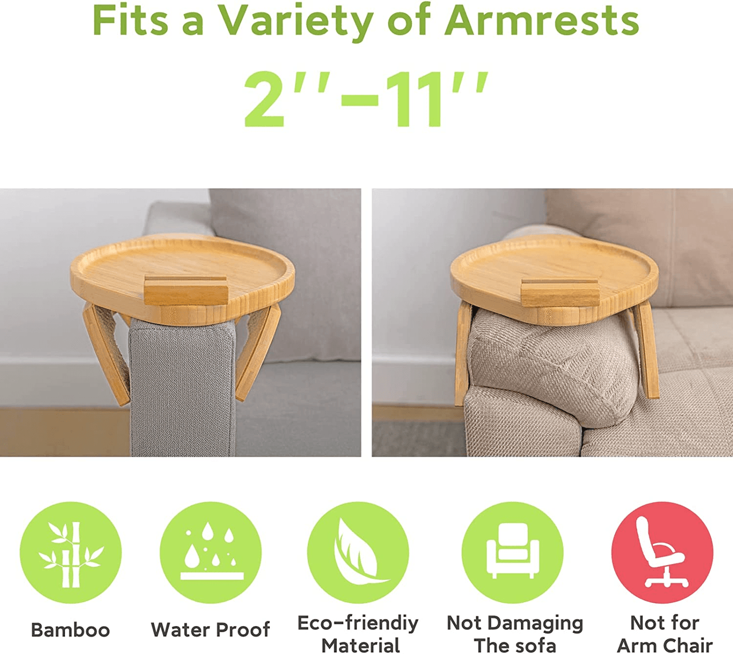 Bamboo Sofa Tray Table Clip on Side Table Couch Arm with 360° Rotating Phone Hol