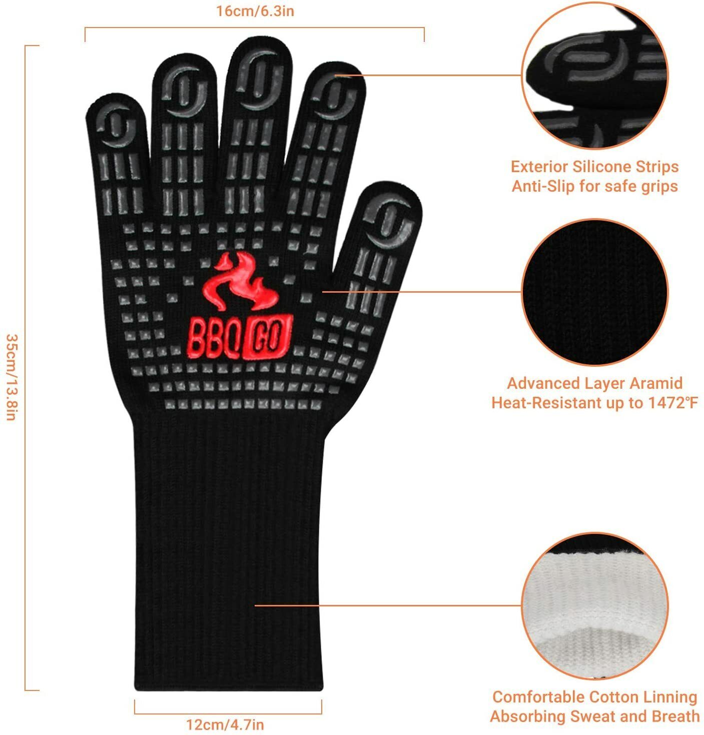 BBQ Grill Gloves Heat Resistant Gloves 1472°F Oven Cooking Mitts Silicone 5.5''