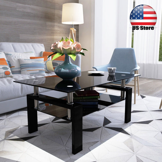 Black Modern Tempered Glass Coffee Table for Living Room Office Home Furniture