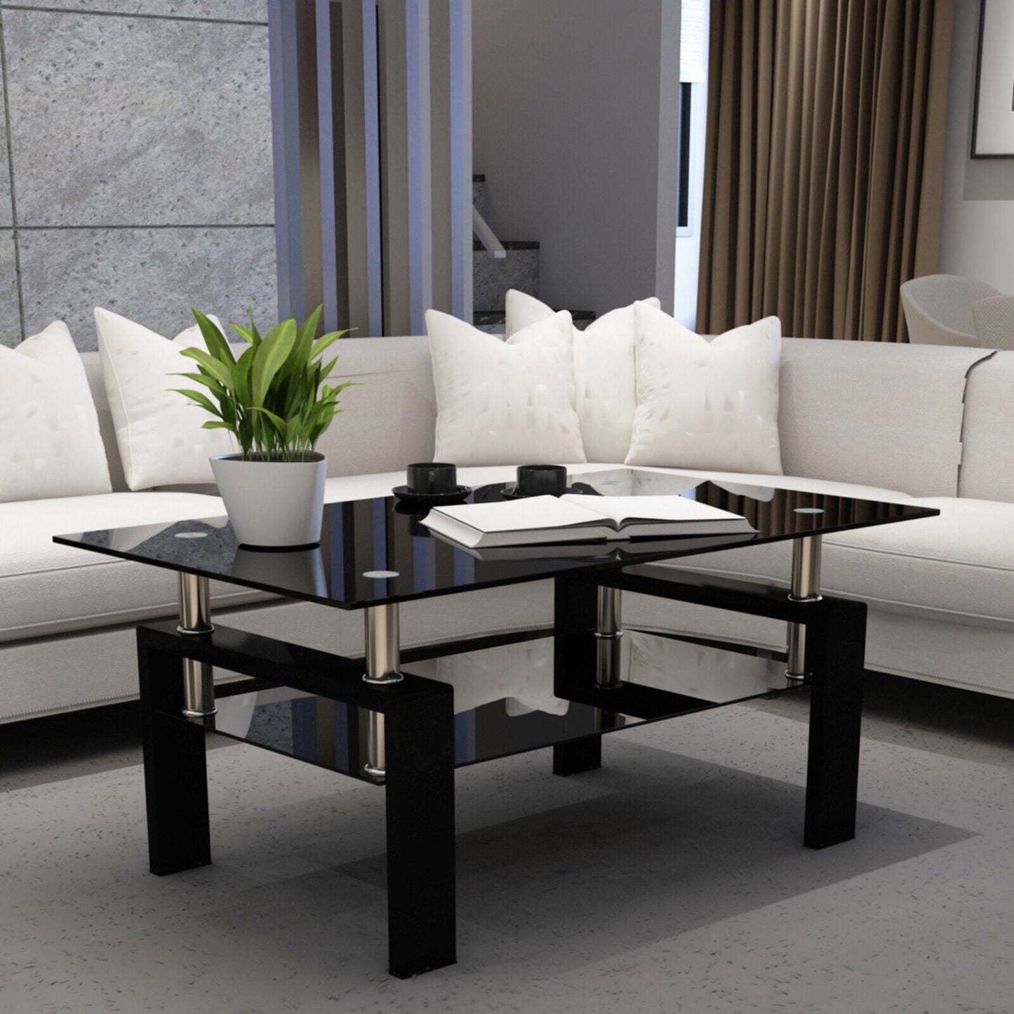 Black Modern Tempered Glass Coffee Table for Living Room Office Home Furniture