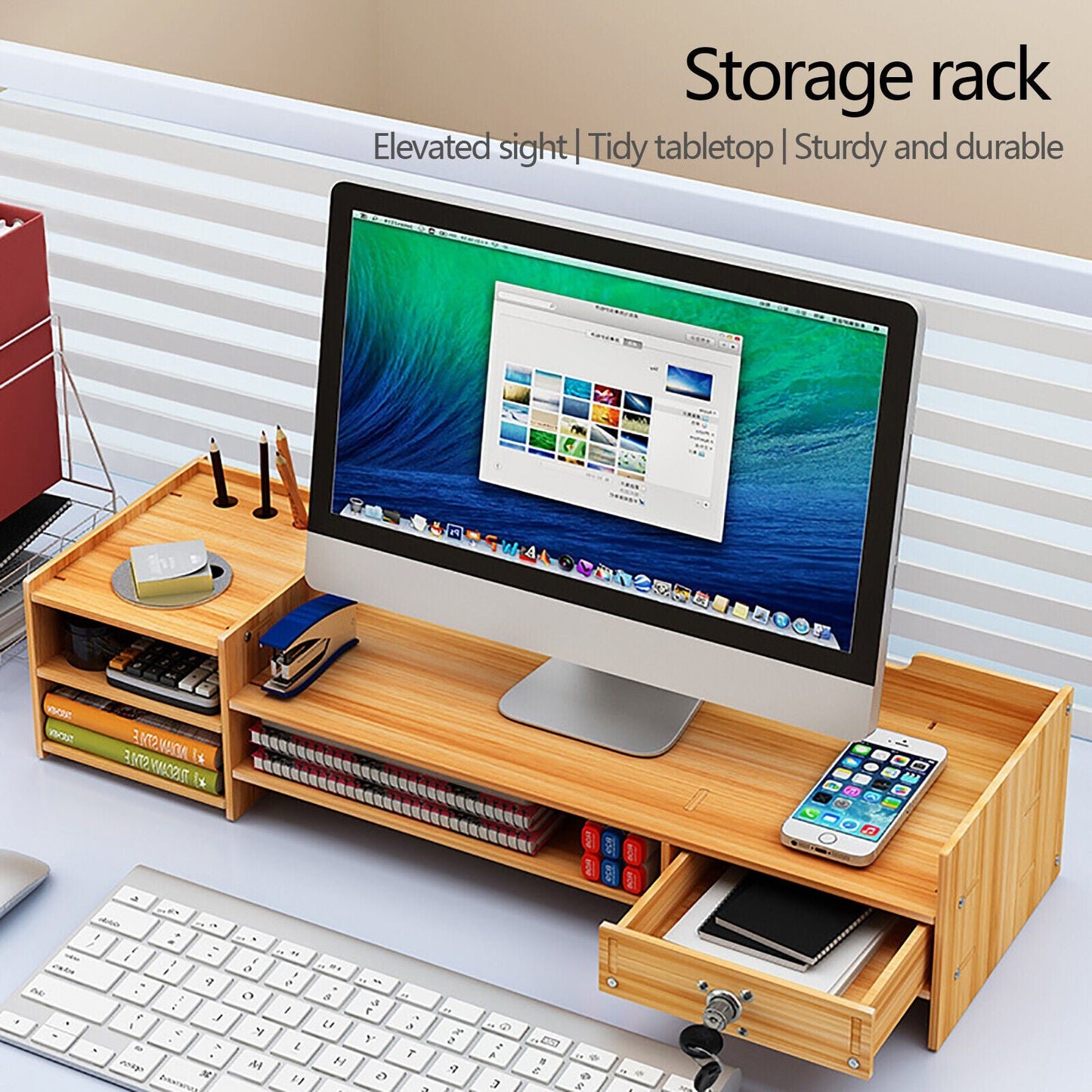 Desk Organizer Home Office Wood Desktop Storage Organizer Computer Holder +Lock