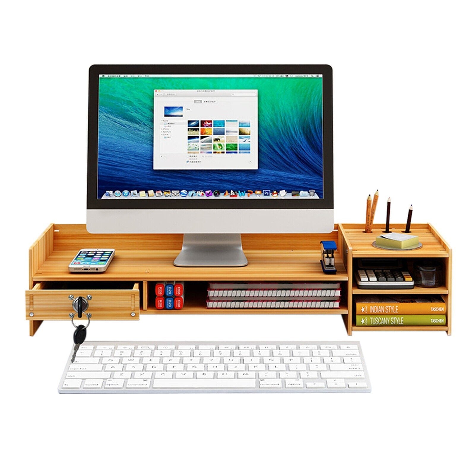 Desk Organizer Home Office Wood Desktop Storage Organizer Computer Holder +Lock