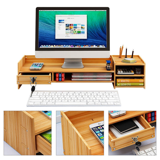 Desk Organizer Home Office Wood Desktop Storage Organizer Computer Holder +Lock