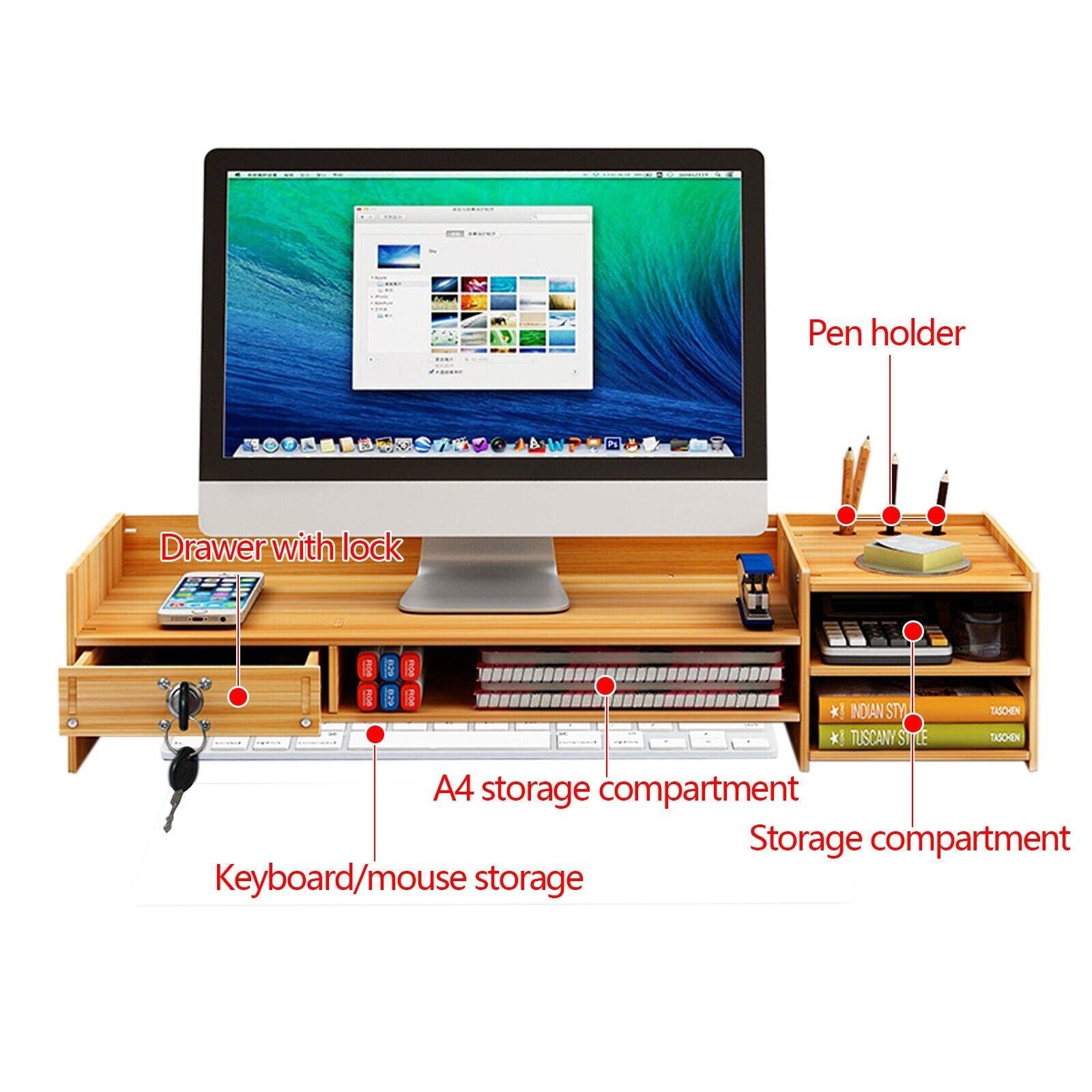 Desk Organizer Home Office Wood Desktop Storage Organizer Computer Holder +Lock