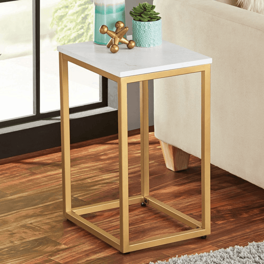 End Table White Tabletop with Gold Metal Frame Home Office Furniture Desk New
