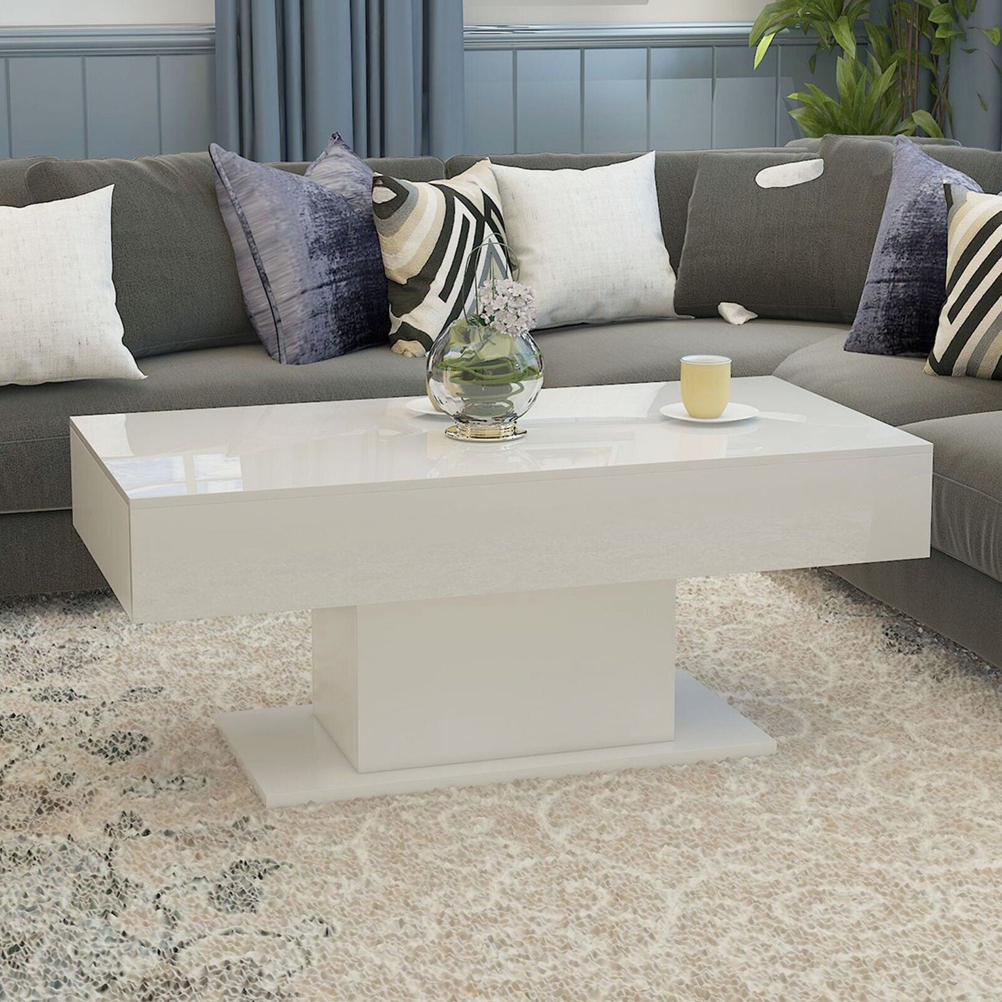 High Gloss White Coffee Table with LED Lights Accent Center Table Living Room US