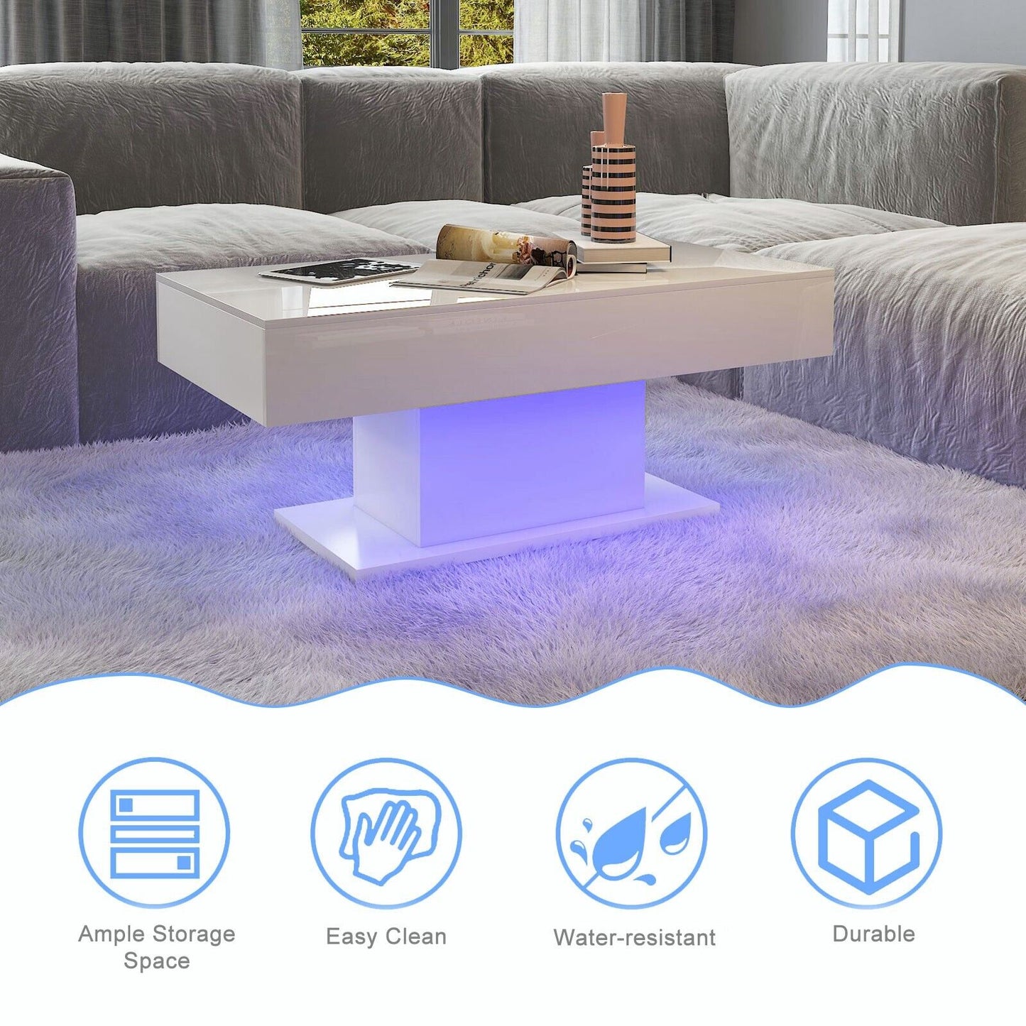 High Gloss White Coffee Table with LED Lights Accent Center Table Living Room US