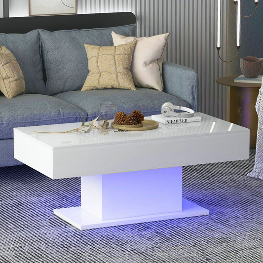 High Gloss White Coffee Table with LED Lights Accent Center Table Living Room US