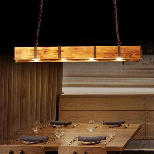 Industrial 4-Light LED Linear Rust Wood Ceiling Island Pendant Light Farmhouse