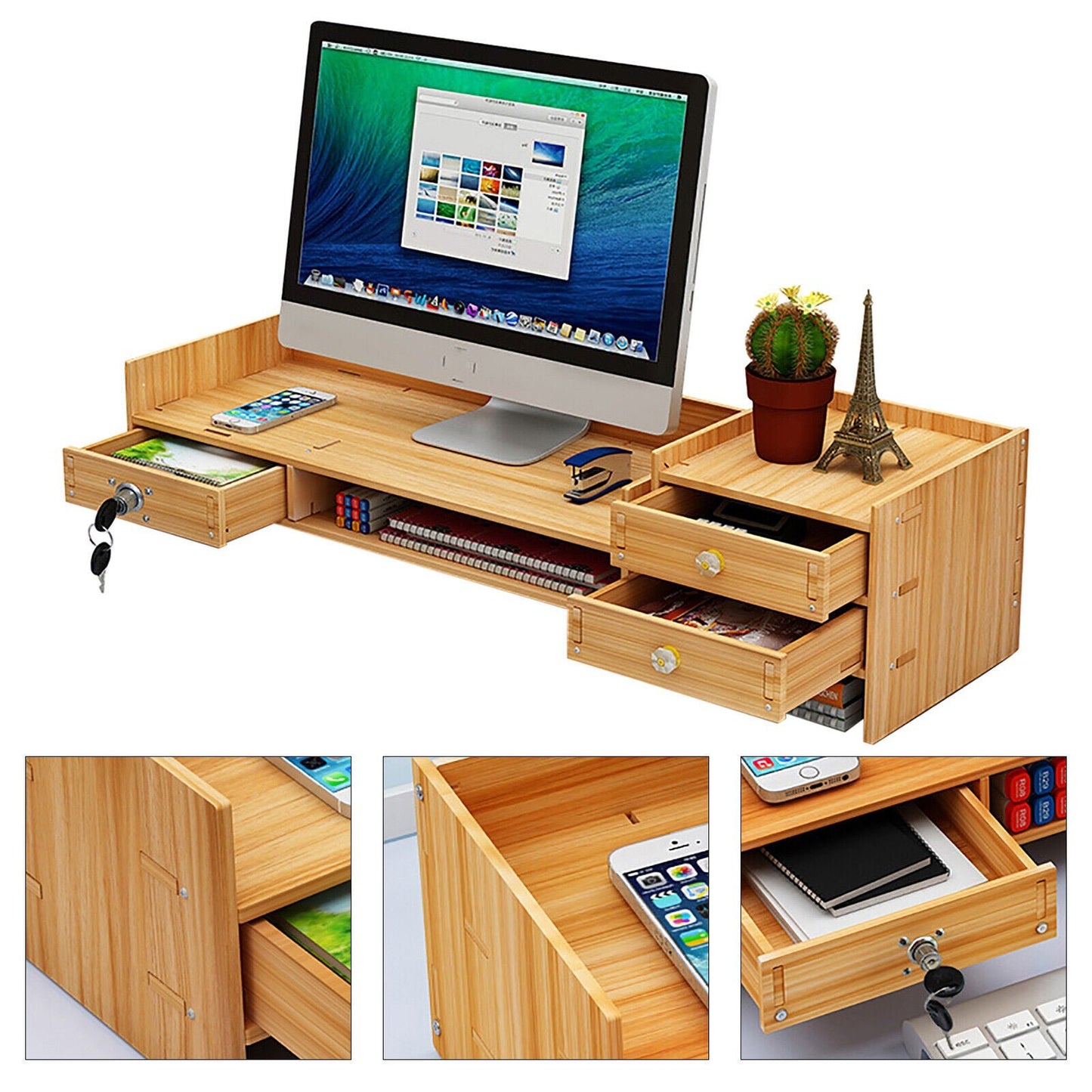 NEW Office Wood Desk Organizers w/ Lock File Storage Computer Desktop Tray DIY