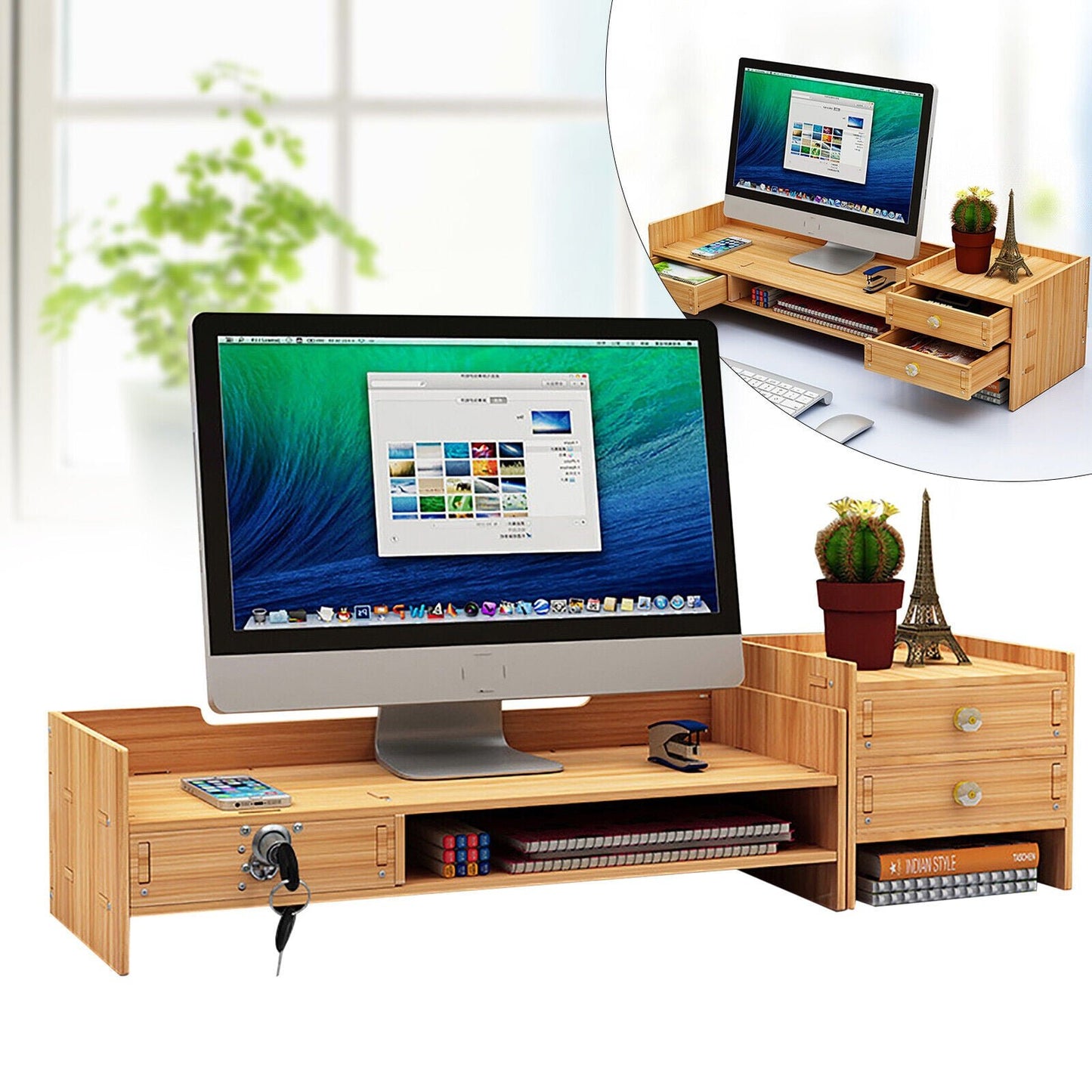 NEW Office Wood Desk Organizers w/ Lock File Storage Computer Desktop Tray DIY