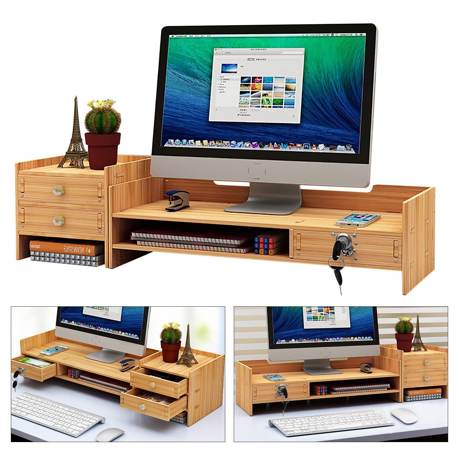 NEW Office Wood Desk Organizers w/ Lock File Storage Computer Desktop Tray DIY