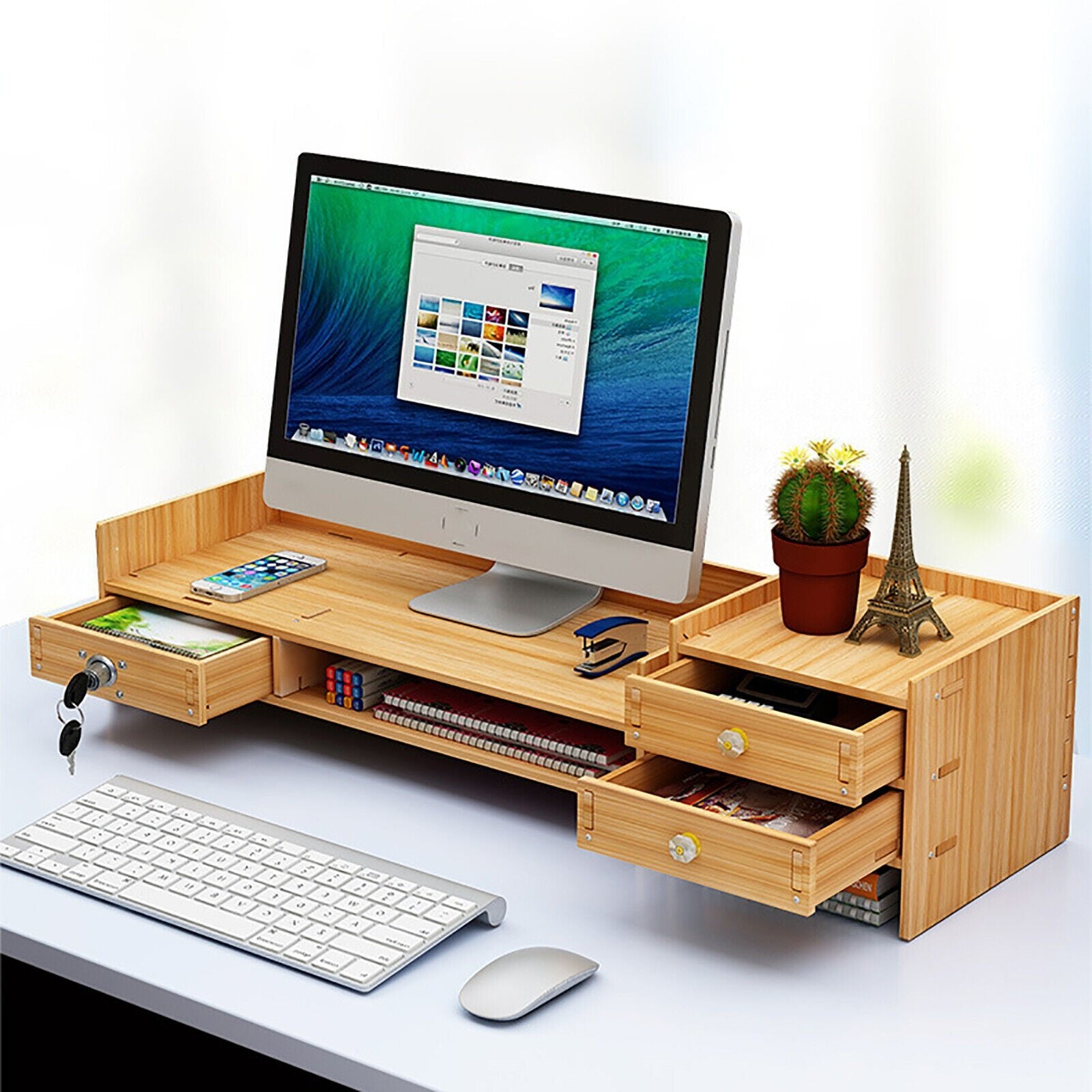 NEW Office Wood Desk Organizers w/ Lock File Storage Computer Desktop Tray DIY