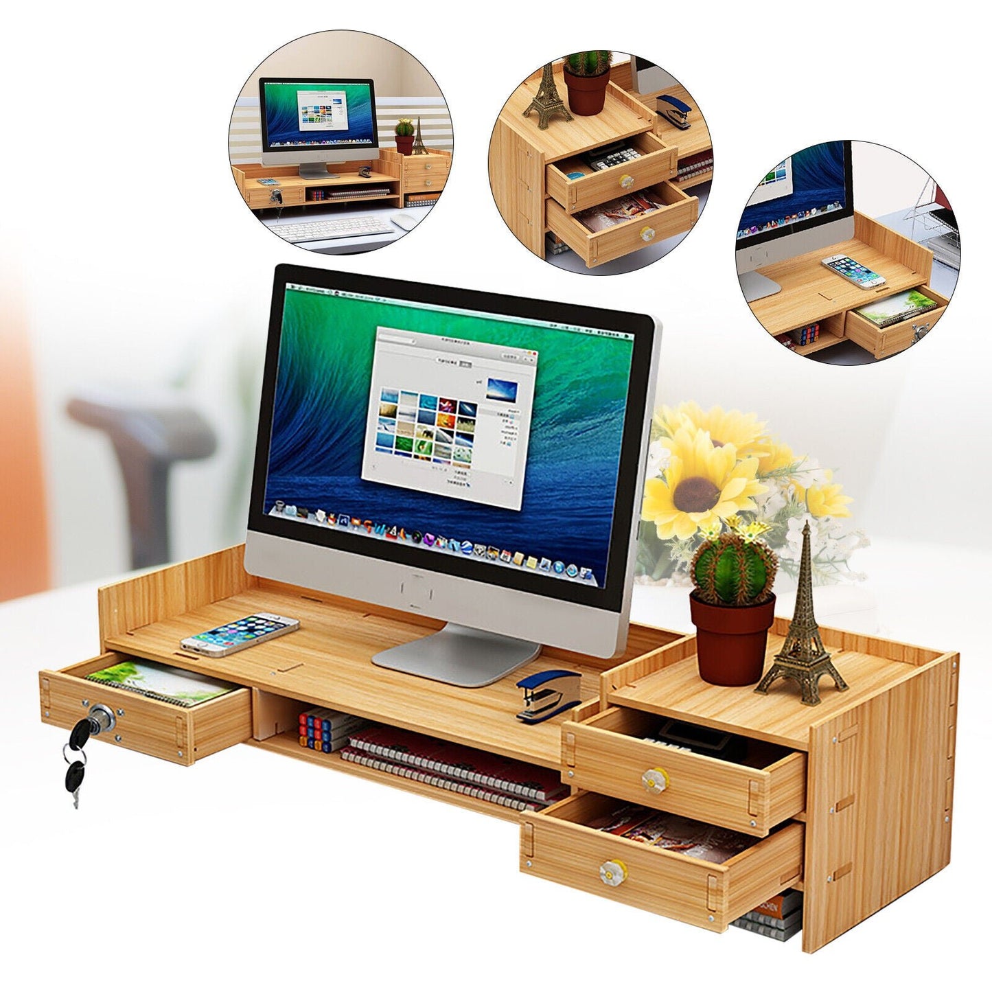 NEW Office Wood Desk Organizers w/ Lock File Storage Computer Desktop Tray DIY