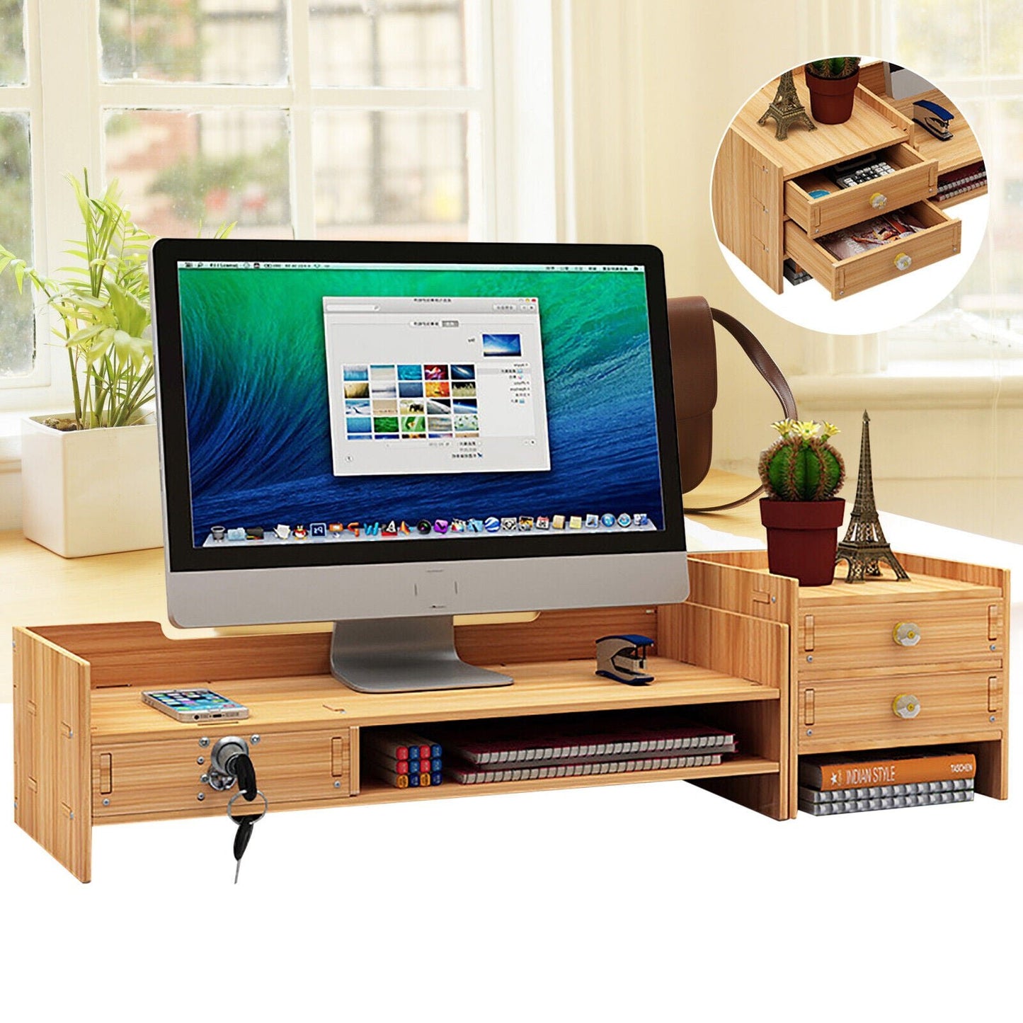 NEW Office Wood Desk Organizers w/ Lock File Storage Computer Desktop Tray DIY