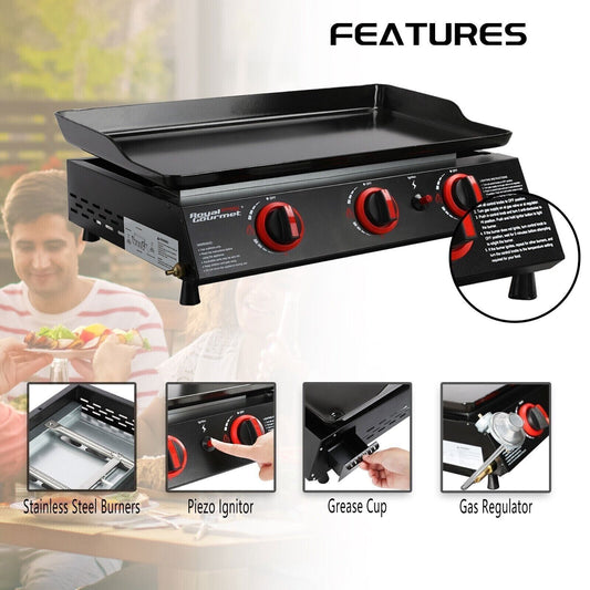 Royal Gourmet Portable Tabletop Gas Grill Outdoor Griddle 3-Burner Propane Gas