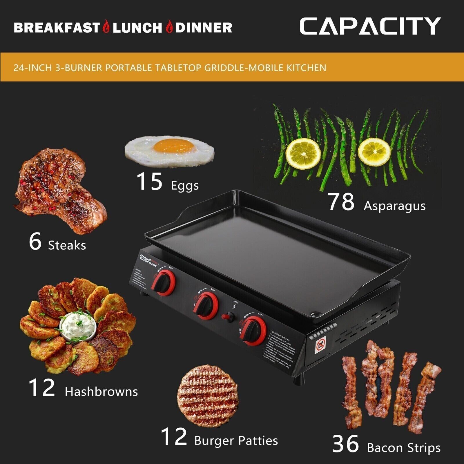 Royal Gourmet Portable Tabletop Gas Grill Outdoor Griddle 3-Burner Propane Gas