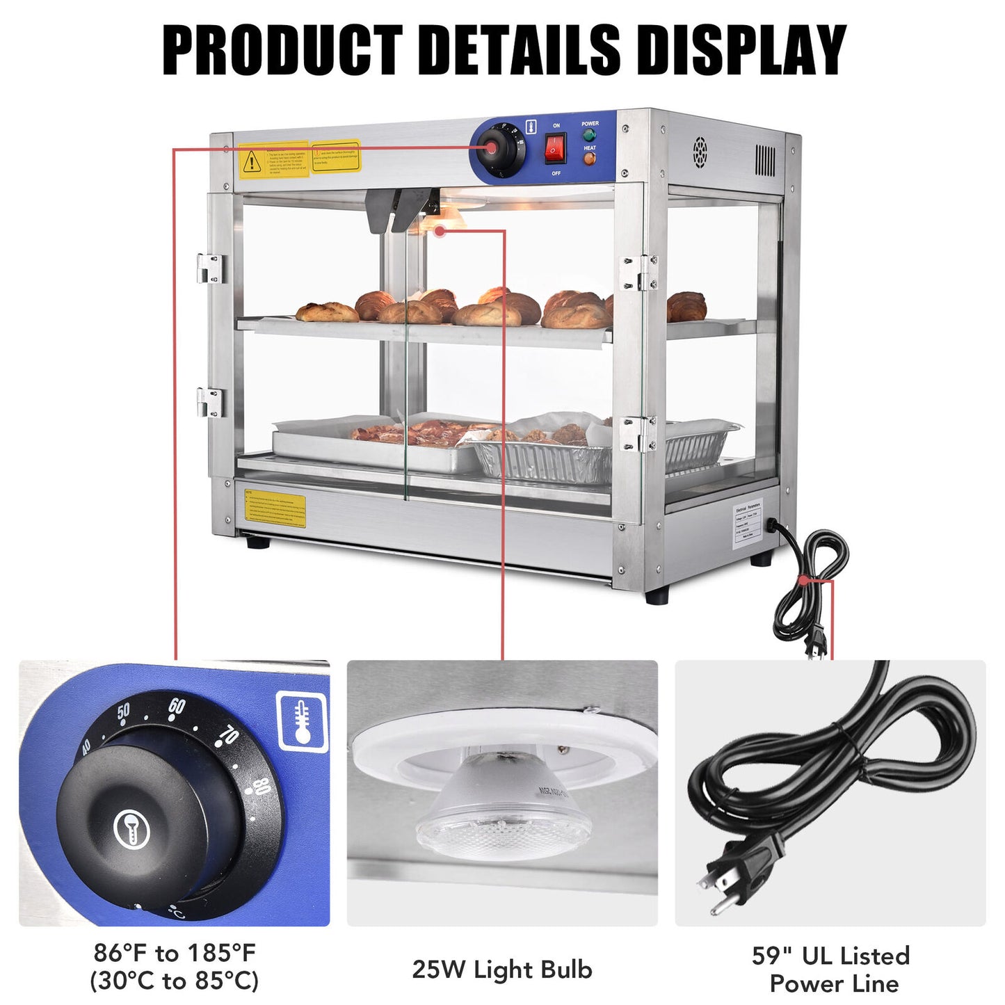 Commercial Countertop Food Warmer Heater Display Case 2-Tier 750W