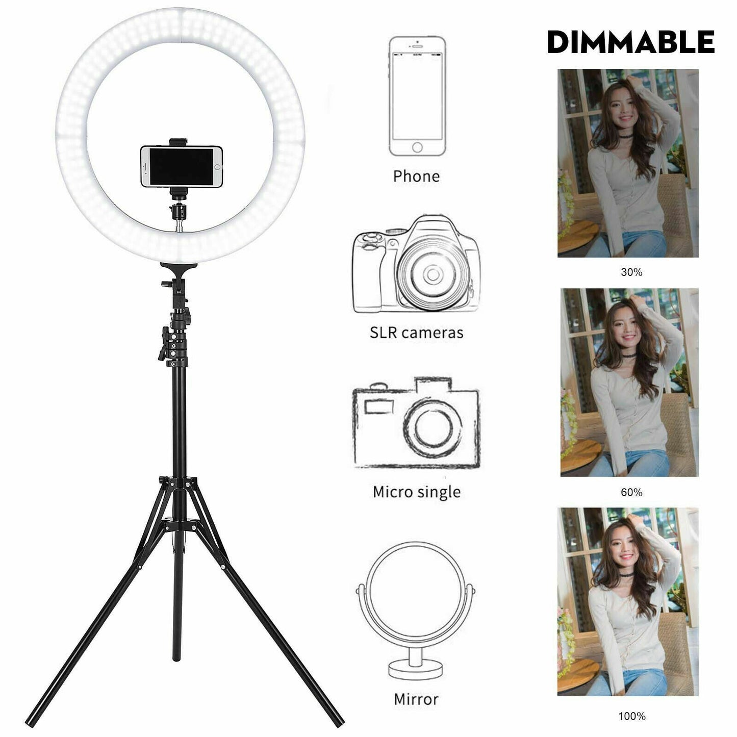 Selfie Ring Light Kit with Stand Dimmable 6000K for Makeup Phone Camera 18" LED SMD