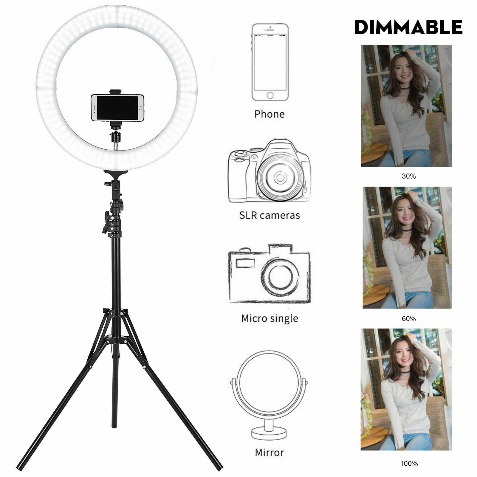Selfie Ring Light Kit with Stand Dimmable 6000K for Makeup Phone Camera 18" LED SMD